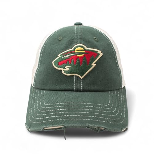 AMERICAN NEEDLE Officially Licensed NHL Hockey Orville Team Hat, Distressed, Dad Cap, Adjustable, Authentic New (Minnesota Wild (Green/Stone))