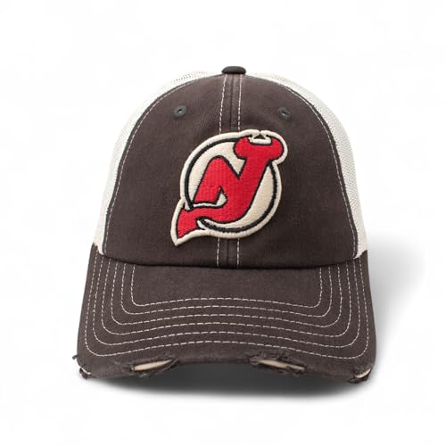 AMERICAN NEEDLE Officially Licensed NHL Hockey Orville Team Hat, Distressed, Dad Cap, Adjustable, Authentic New (New Jersey Devils (Black/Stone))