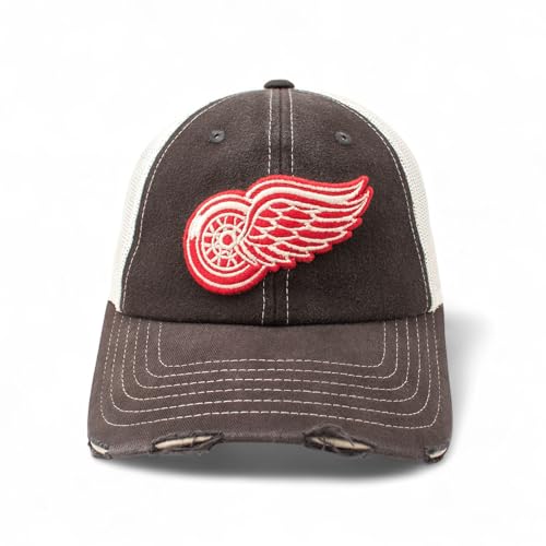 AMERICAN NEEDLE Officially Licensed NHL Hockey Orville Team Hat, Distressed, Dad Cap, Adjustable, Authentic New (Detroit Red Wings (Black/Stone))