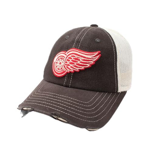 AMERICAN NEEDLE Officially Licensed NHL Hockey Orville Team Hat, Distressed, Dad Cap, Adjustable, Authentic New (Detroit Red Wings (Black/Stone))