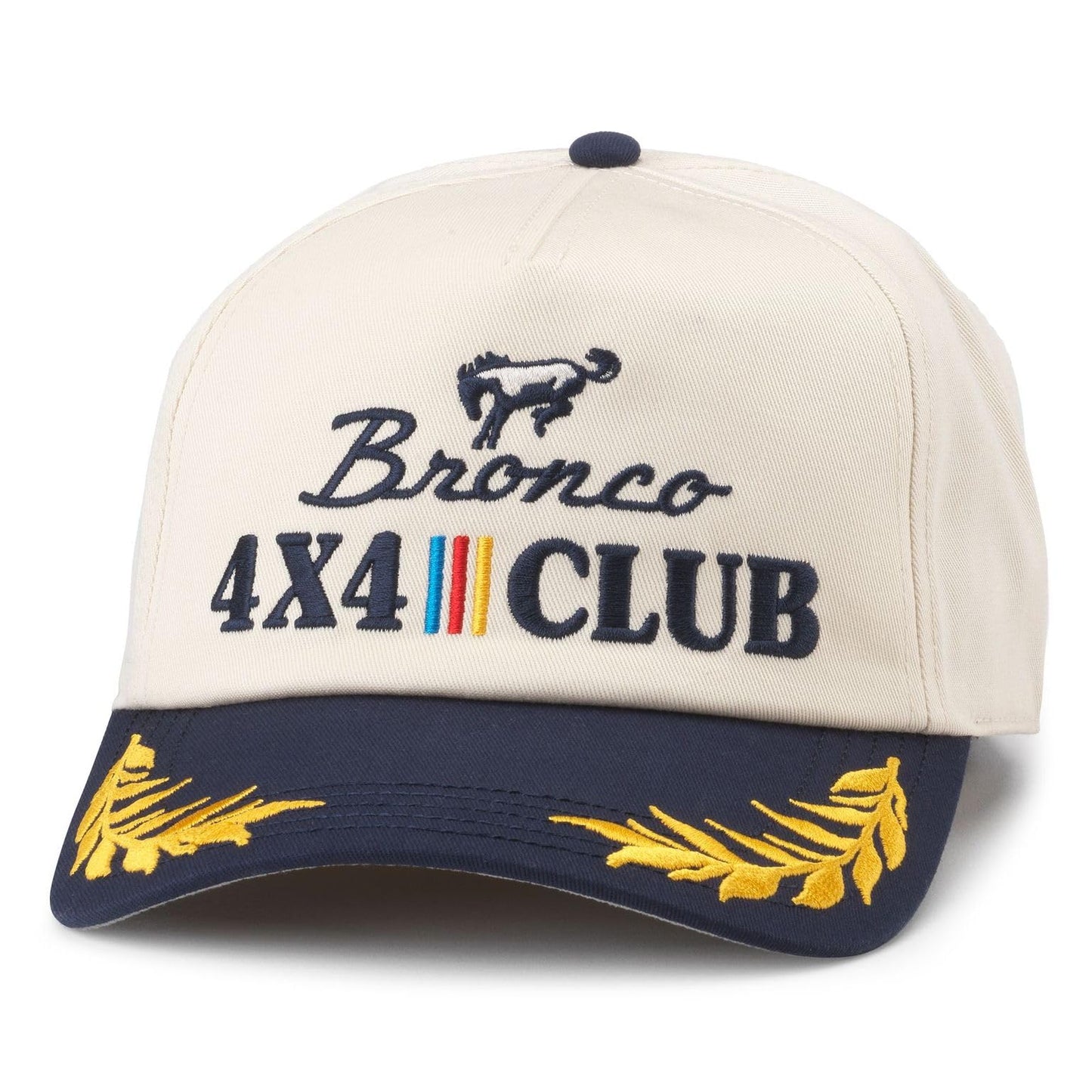 AMERICAN NEEDLE Bronco 4 x 4 Club Captain Adjustable Snapback Baseball Hat, Ivory/Navy (24002A-BRONCO-INVY)