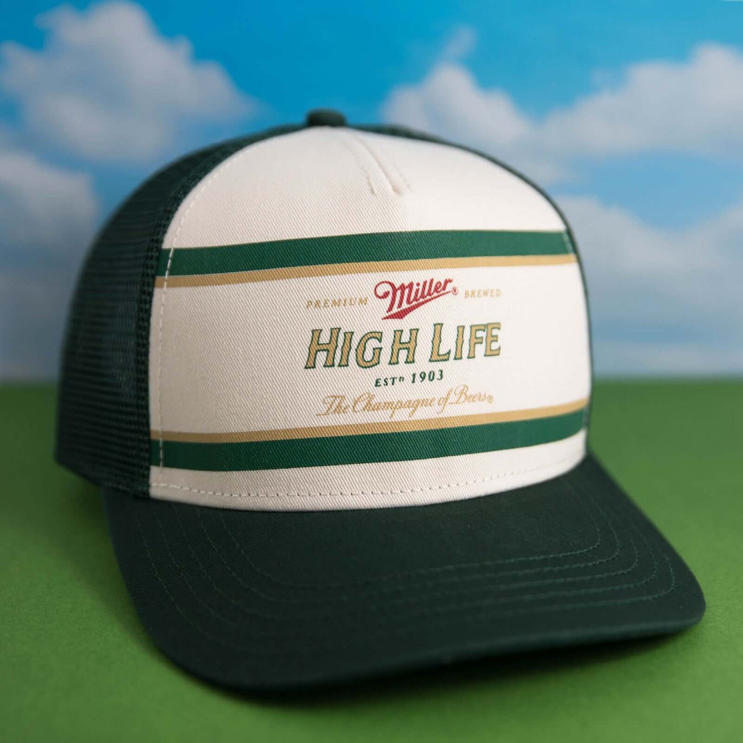 AMERICAN NEEDLE Miller High Life Sinclair Adjustable Snapback Trucker Hat, Dark Green Ivory (MHL-DGRN)