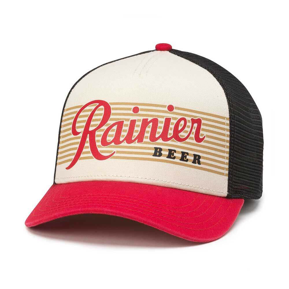 Rainier Beer Hat: Black/Red/Ivory Snapback Trucker Hat