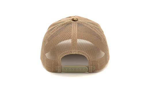 Back photo of American flag trucker hat with Multicam Arid camouflage pattern, tan mesh backing, and a premium quality PVC patch.