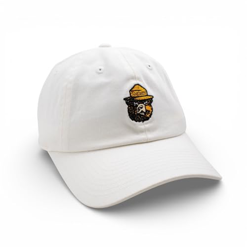 AMERICAN NEEDLE Smokey Bear Adjustable Buckle Strap Baseball Hat, Washed Micro Slouch Collection, White (PI023A-SMOKEY-WHT)