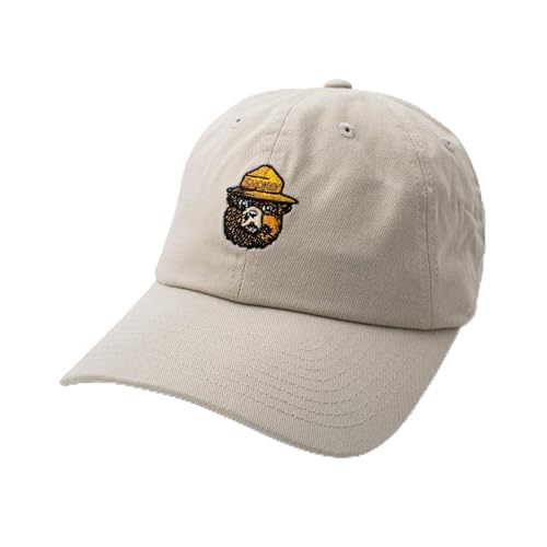 AMERICAN NEEDLE Smokey Bear Adjustable Buckle Strap Baseball Hat, Washed Micro Slouch Collection, Stone (PI023A-SMOKEY-STN)