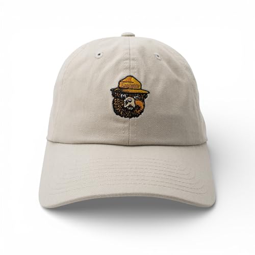 AMERICAN NEEDLE Smokey Bear Adjustable Buckle Strap Baseball Hat, Washed Micro Slouch Collection, Stone (PI023A-SMOKEY-STN)