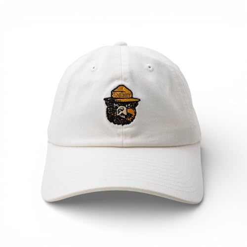 AMERICAN NEEDLE Smokey Bear Adjustable Buckle Strap Baseball Hat, Washed Micro Slouch Collection, White (PI023A-SMOKEY-WHT)