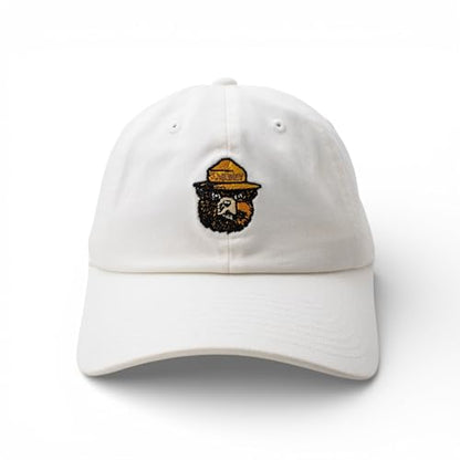 AMERICAN NEEDLE Smokey Bear Adjustable Buckle Strap Baseball Hat, Washed Micro Slouch Collection, White (PI023A-SMOKEY-WHT)