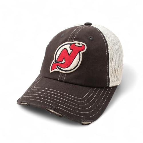 AMERICAN NEEDLE Officially Licensed NHL Hockey Orville Team Hat, Distressed, Dad Cap, Adjustable, Authentic New (New Jersey Devils (Black/Stone))
