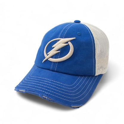 AMERICAN NEEDLE Officially Licensed NHL Hockey Orville Team Hat, Distressed, Dad Cap, Adjustable, Authentic New (Tampa Bay Lightning (Royal/Stone))