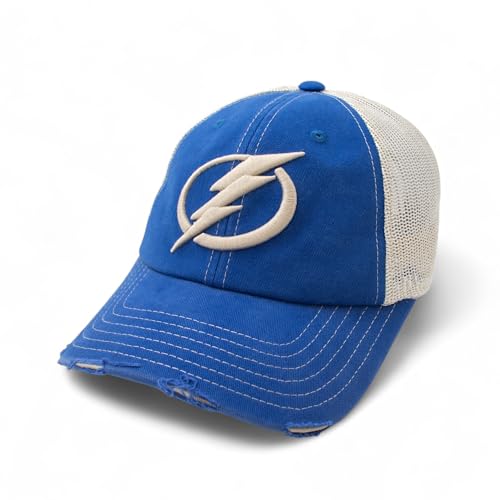AMERICAN NEEDLE Officially Licensed NHL Hockey Orville Team Hat, Distressed, Dad Cap, Adjustable, Authentic New (Tampa Bay Lightning (Royal/Stone))