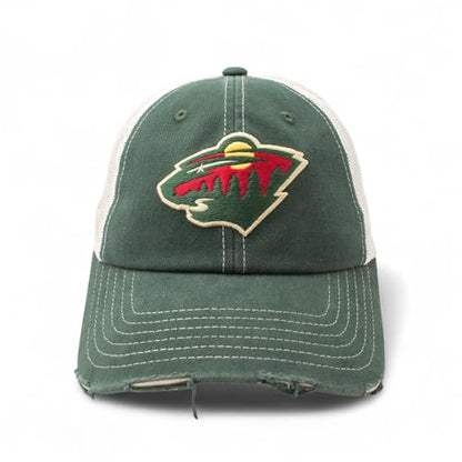 AMERICAN NEEDLE Officially Licensed NHL Hockey Orville Team Hat, Distressed, Dad Cap, Adjustable, Authentic New (Minnesota Wild (Green/Stone))