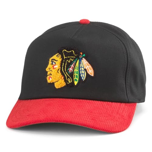 AMERICAN NEEDLE Chicago Blackhawks NHL Burnett Adjustable Snapback Baseball Hat, Black/Red (23020B-CBH-BLRD)