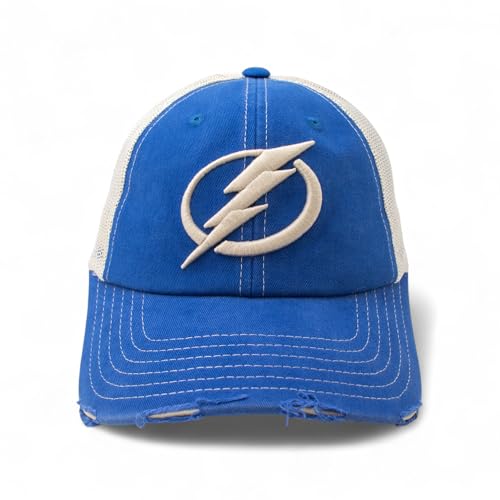AMERICAN NEEDLE Officially Licensed NHL Hockey Orville Team Hat, Distressed, Dad Cap, Adjustable, Authentic New (Tampa Bay Lightning (Royal/Stone))