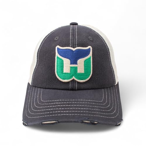 AMERICAN NEEDLE Officially Licensed NHL Hockey Orville Team Hat, Distressed, Dad Cap, Adjustable, Authentic New (Hartford Whalers (Navy/Stone))