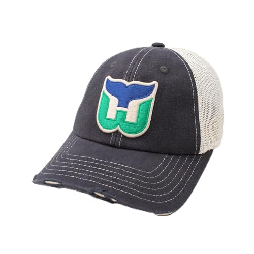 AMERICAN NEEDLE Officially Licensed NHL Hockey Orville Team Hat, Distressed, Dad Cap, Adjustable, Authentic New (Hartford Whalers (Navy/Stone))