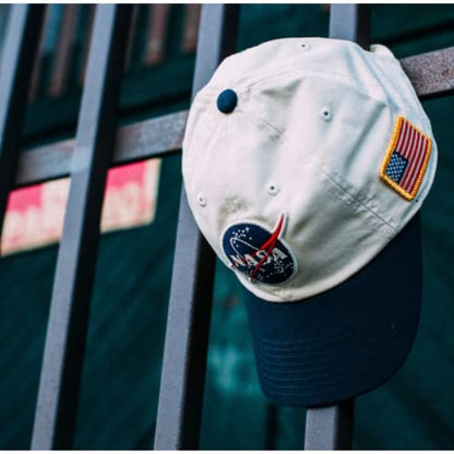 American Needle NASA Officially Licensed United Slouch Baseball Dad Buckle Strap Hat, Ivory/Navy (43570A-NASA)