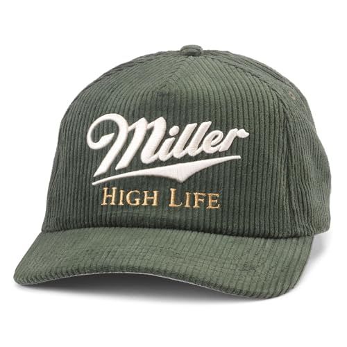 AMERICAN NEEDLE Miller High Life Beer Balsam WW Cord Adjustable Snapback Baseball Hat, Dark Green (24004A-MHL-DGRN)