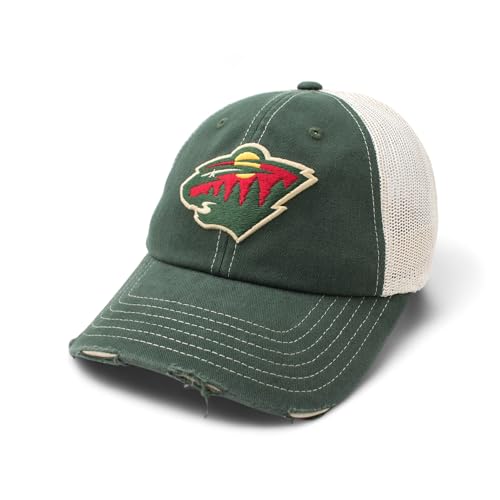 AMERICAN NEEDLE Officially Licensed NHL Hockey Orville Team Hat, Distressed, Dad Cap, Adjustable, Authentic New (Minnesota Wild (Green/Stone))