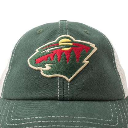 AMERICAN NEEDLE Officially Licensed NHL Hockey Orville Team Hat, Distressed, Dad Cap, Adjustable, Authentic New (Minnesota Wild (Green/Stone))