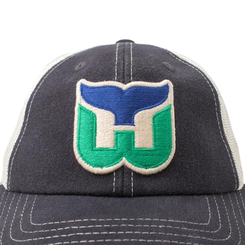 AMERICAN NEEDLE Officially Licensed NHL Hockey Orville Team Hat, Distressed, Dad Cap, Adjustable, Authentic New (Hartford Whalers (Navy/Stone))