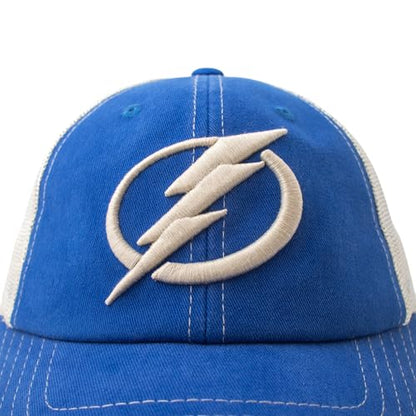 AMERICAN NEEDLE Officially Licensed NHL Hockey Orville Team Hat, Distressed, Dad Cap, Adjustable, Authentic New (Tampa Bay Lightning (Royal/Stone))