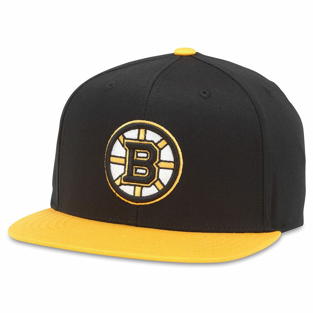 AMERICAN NEEDLE Officially Licensed NHL Boston Bruins Team Hat, Embroidered Logo, Flat Brim, Snapback Black/Gold