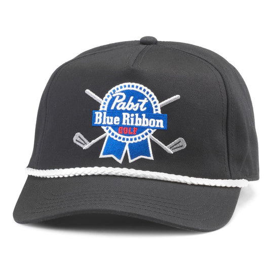 AMERICAN NEEDLE Pabst Blue Ribbon Beer Golf Club Roscoe Adjustable Snapback Baseball Hat, Black (23008C-PBC-BLK)