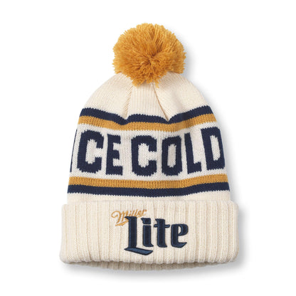 AMERICAN NEEDLE Unisex Miller Lite Beer Pillow Line Beanie Pom Cap (23012B-MLITE-IVOR) Ivory