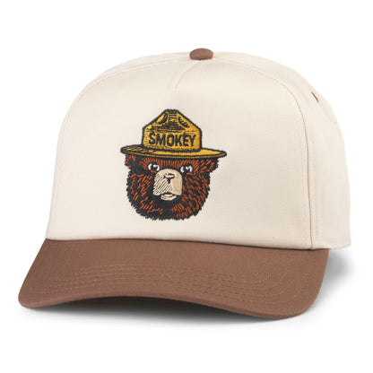 AMERICAN NEEDLE Smokey The Bear Roscoe Adjustable Snapback Baseball Hat, Ivory/Brown (23008B-SMOKEY-IVBR)