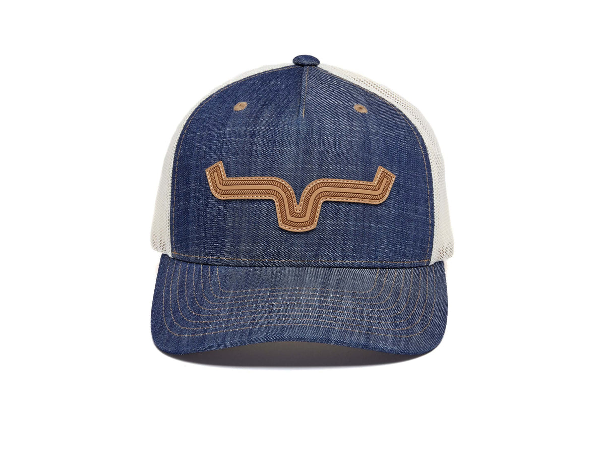 Kimes Ranch Hat Model Kimes Ranch Hats: Roped LP Trucker Hat | Blue Denim