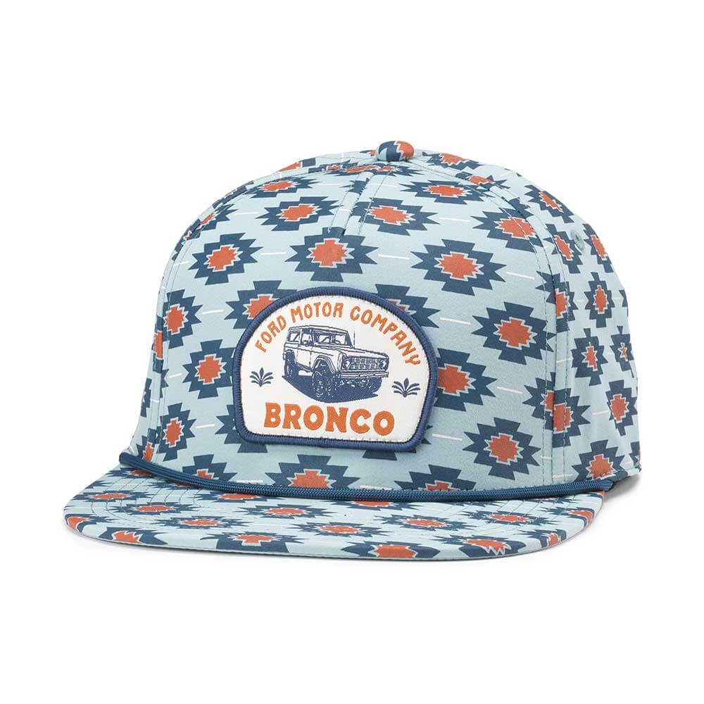 Ford Bronco Hats: Light Blue/Orange All Over Print Snapback Trucker Hat | Vintage Brands