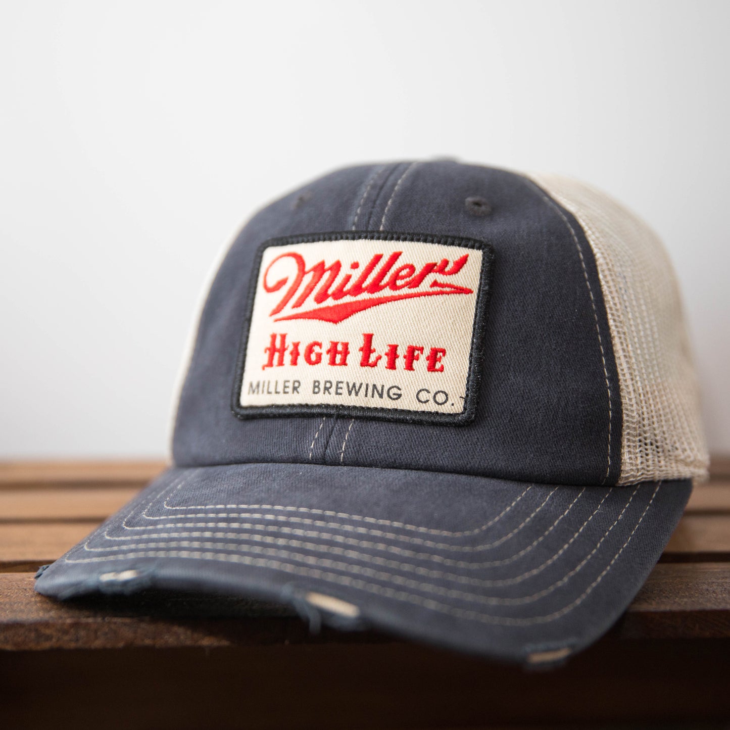 AMERICAN NEEDLE Miller High Life Beer Orville Adjustable Snapback Baseball Hat, Stone/Navy (23001B-MHL-NVST)