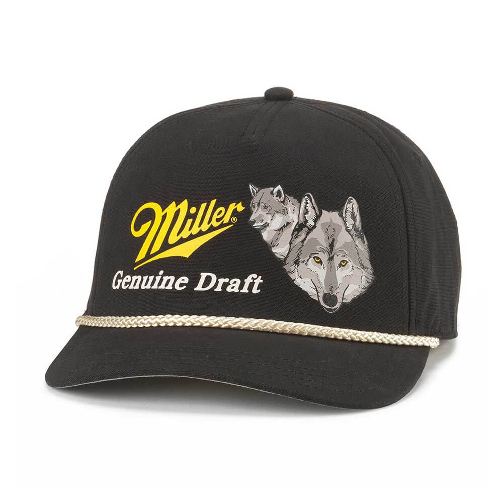 Miller Genuine Draft Wolf Hat: Black/Gold Adjustable Snapback Rope Hat | Beer