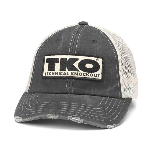 TKO Strength & Performance Hats: Black/Stone Distressed Trucker Hat | Workout