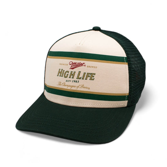 AMERICAN NEEDLE Miller High Life Sinclair Adjustable Snapback Trucker Hat, Dark Green Ivory (MHL-DGRN)