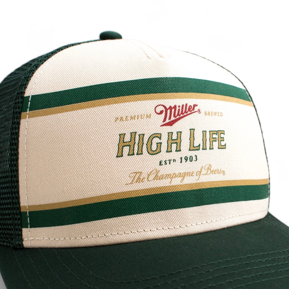 AMERICAN NEEDLE Miller High Life Sinclair Adjustable Snapback Trucker Hat, Dark Green Ivory (MHL-DGRN)