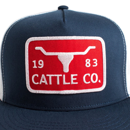 WHISKEY BENT HAT CO. 1983 Cattle Co. Longhorn Patch Adjustable Snapback Hat, The Chrisholm (Navy/White)