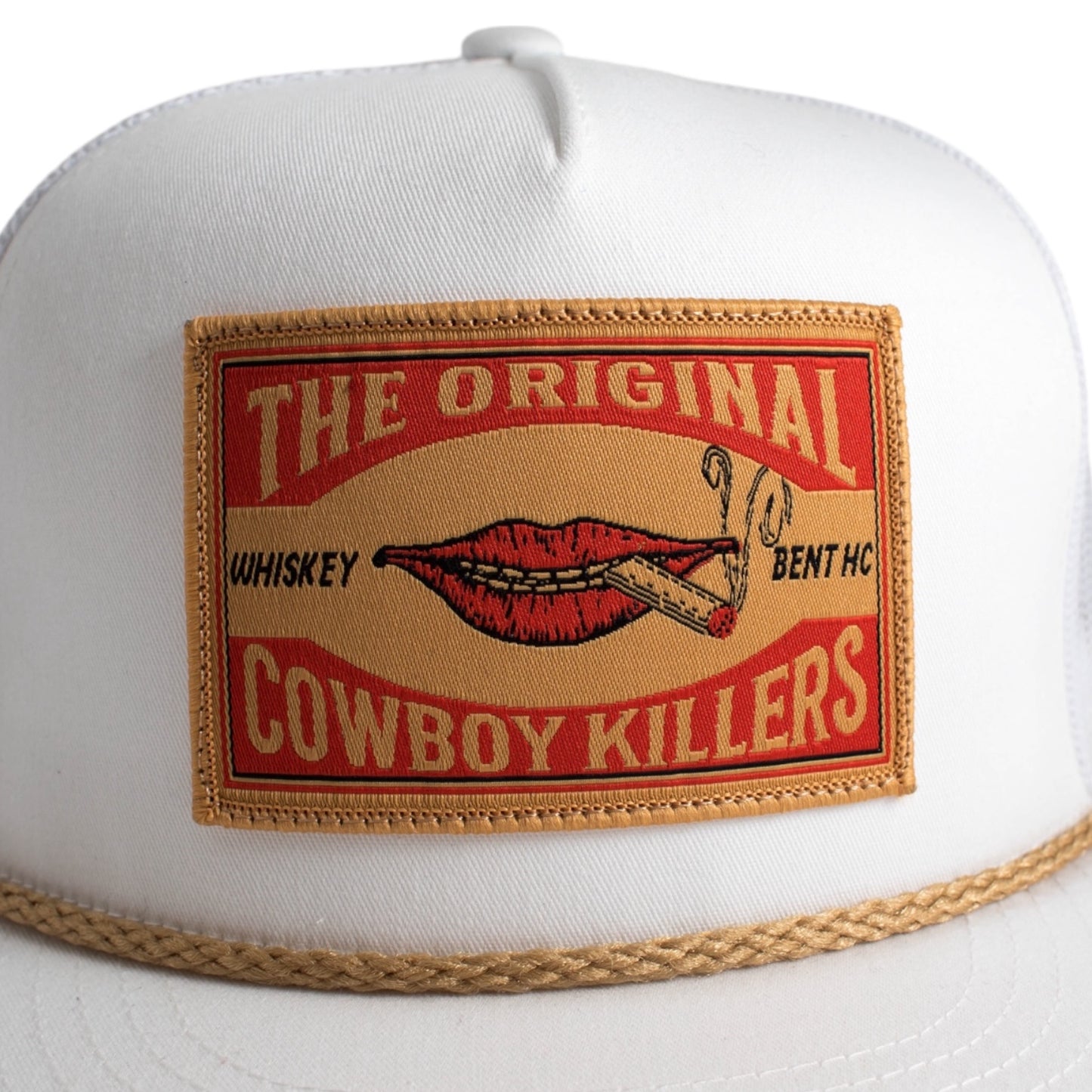 WHISKEY BENT HAT CO. Matchbox - Original Cowboy Killers 5-Panel Meshback Snapback Hat (US, Alpha, One Size, White, Gold Rope)