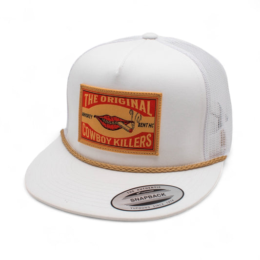 WHISKEY BENT HAT CO. Matchbox - Original Cowboy Killers 5-Panel Meshback Snapback Hat (US, Alpha, One Size, White, Gold Rope)