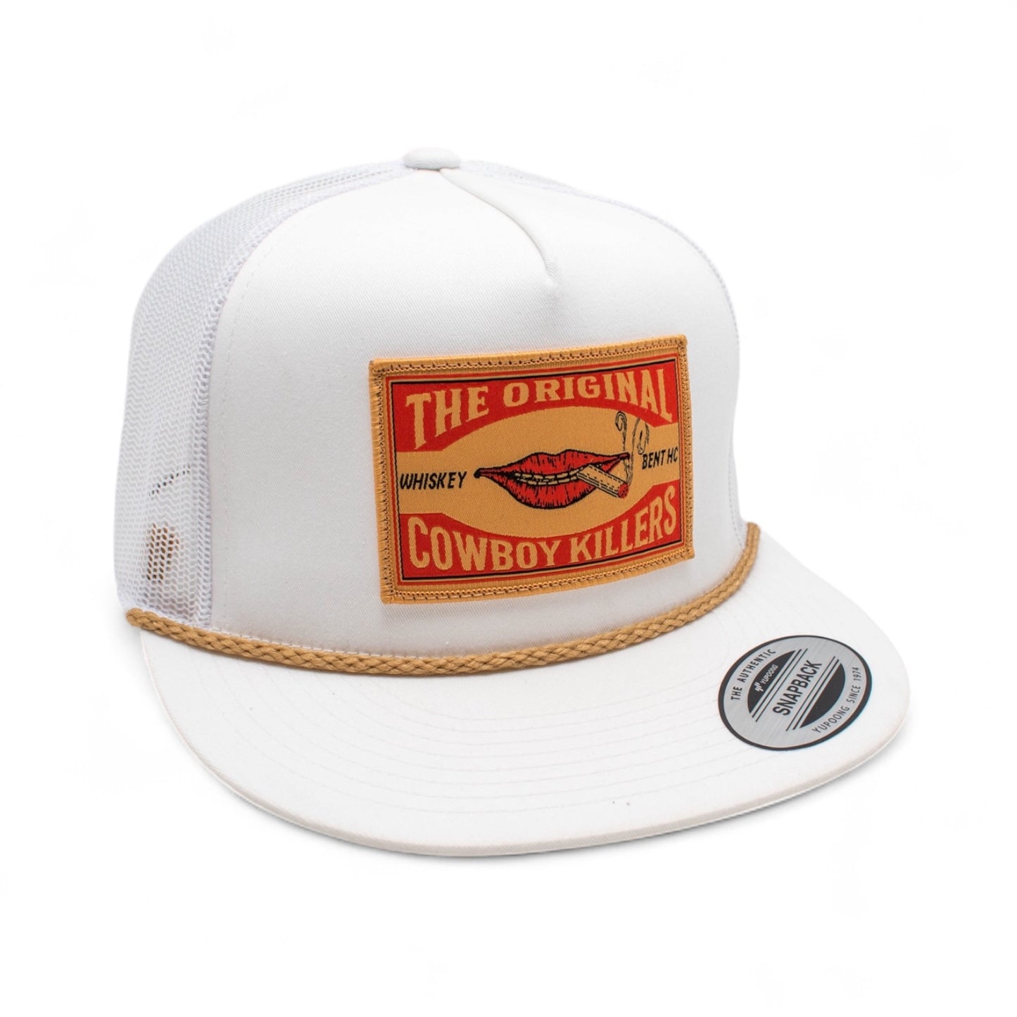 WHISKEY BENT HAT CO. Matchbox - Original Cowboy Killers 5-Panel Meshback Snapback Hat (US, Alpha, One Size, White, Gold Rope)