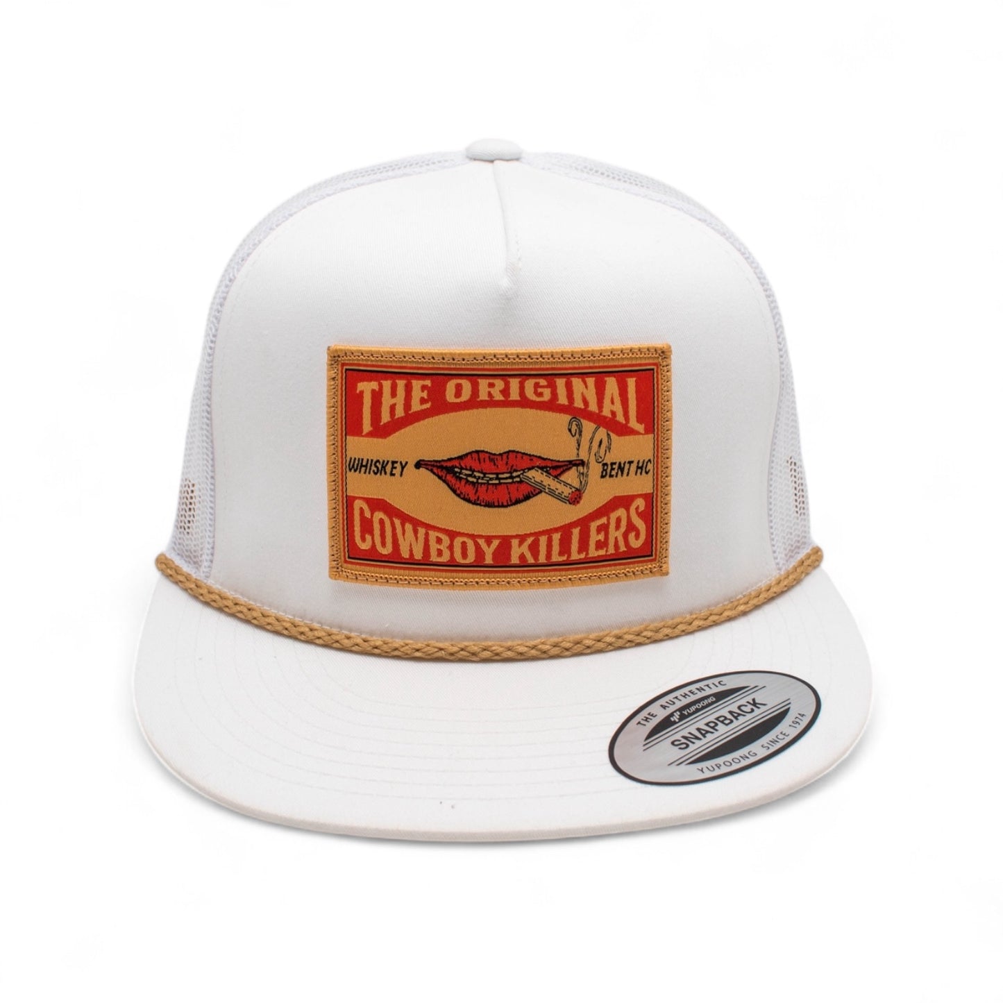 WHISKEY BENT HAT CO. Matchbox - Original Cowboy Killers 5-Panel Meshback Snapback Hat (US, Alpha, One Size, White, Gold Rope)