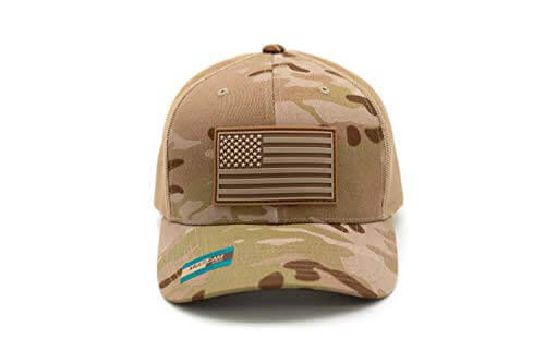 Front photo of American flag trucker hat with Multicam Arid camouflage pattern, tan mesh backing, and a premium quality PVC patch.