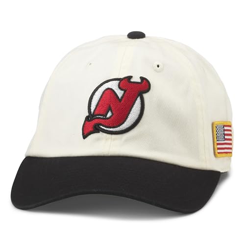 AMERICAN NEEDLE United Slouch NHL Team Casual Dad Hat New Jersey Devils, Ivory/Black (43572A-NJD)