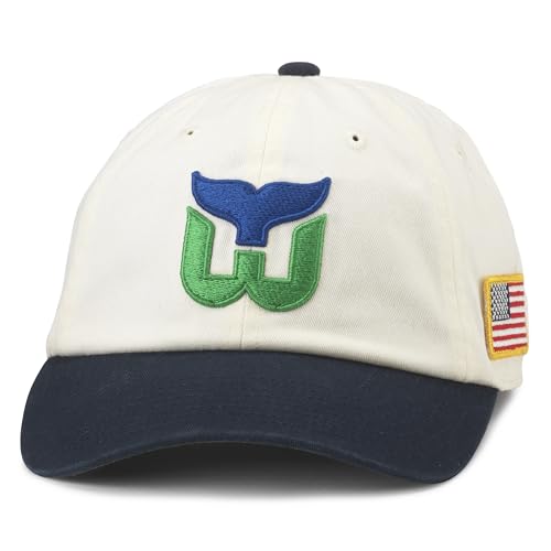 AMERICAN NEEDLE United Slouch NHL Team Casual Dad Hat Hartford Whalers, Ivory/Navy (43572A-HAW)