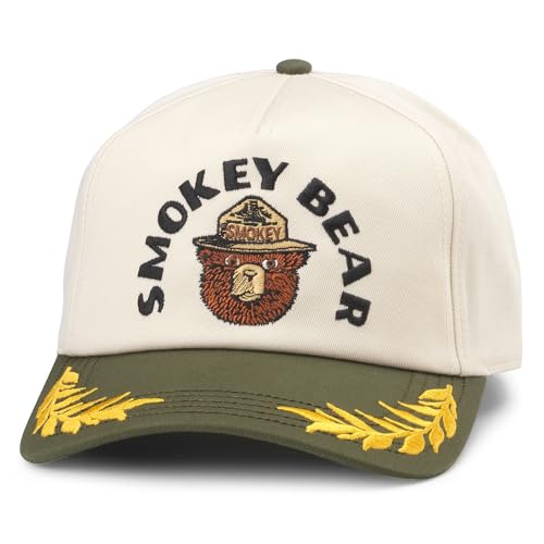 AMERICAN NEEDLE Smokey The Bear Club Captain Adjustable Snapback Baseball Hat, Ivory/Army Green (24002A-SBEAR-IARM)