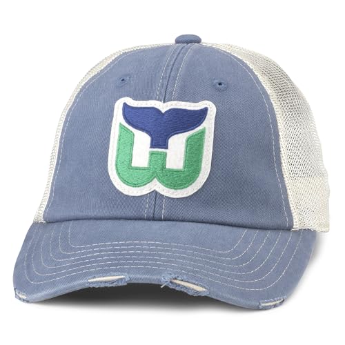 AMERICAN NEEDLE Officially Licensed NHL Hockey Orville Team Hat, Distressed, Dad Cap, Adjustable, Authentic New (Hartford Whalers (Steel Blue/Stone))
