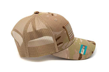 Side photo of American flag trucker hat with Multicam Arid camouflage pattern, tan mesh backing, and a premium quality PVC patch.