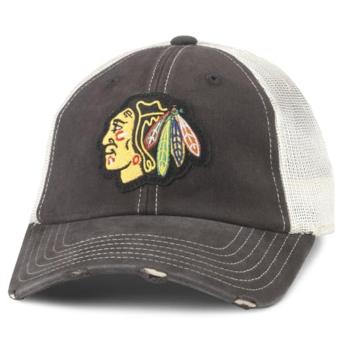 AMERICAN NEEDLE Officially Licensed NHL Hockey Orville Team Hat, Distressed, Dad Cap, Adjustable, Authentic New (Chicago Blackhawks (Black/Stone))